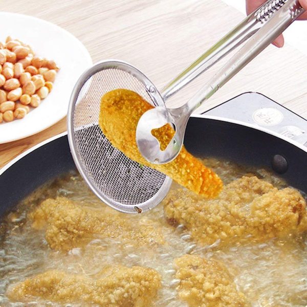 Stainless Steel Frying Tong with integrated strainer, perfect for draining excess oil during frying