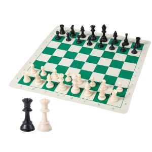 19" X 19" Fide Chess Vinyl Foldable Chess Mat With Solid Plastic Pieces For Tournaments, Professional & Young Chess Players - Green,