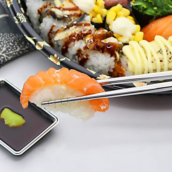 Reusable Metal Chopsticks Set – 5 Pairs Premium Stainless Steel, Non-Slip Square Design, Lightweight & Dishwasher Safe (Silver Gift Set) - Image 6
