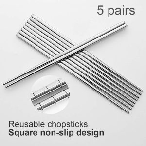 Reusable Metal Chopsticks Set – 5 Pairs Premium Stainless Steel, Non-Slip Square Design, Lightweight & Dishwasher Safe (Silver Gift Set)