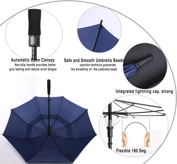 Portable Windproof Golf Umbrella – Oversized Double Canopy, Waterproof, Auto Open for Men & Women Blue - Image 5