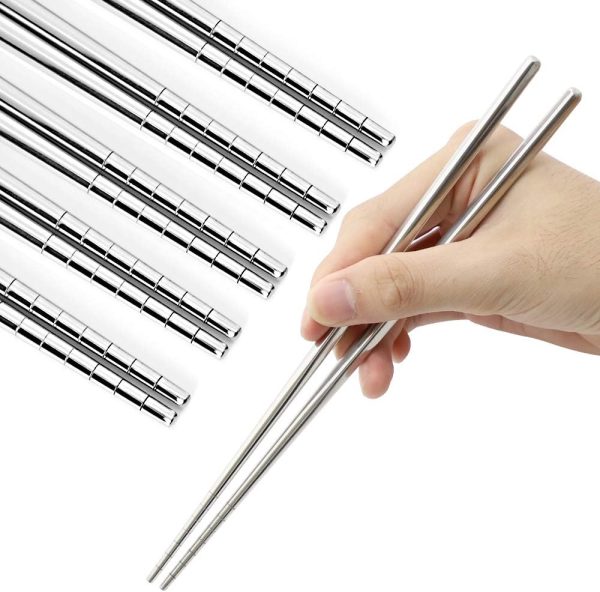 Reusable Metal Chopsticks Set – 5 Pairs Premium Stainless Steel, Non-Slip Square Design, Lightweight & Dishwasher Safe (Silver Gift Set) - Image 3
