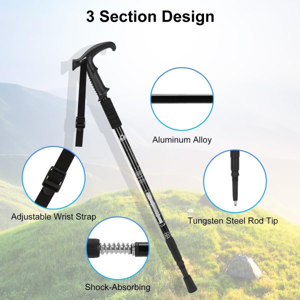 Telescopic hiking poles fully extended on a mountain trail background