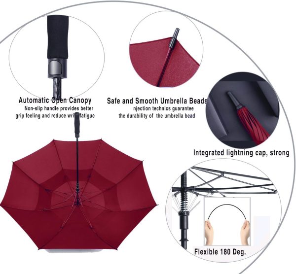 Large Golf Umbrella – Waterproof & Windproof, Double Canopy Design with Automatic Open Function Red - Image 4