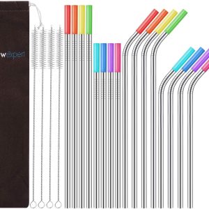 16-Piece Reusable Stainless Steel Straw Set with Silicone Tips, Cleaning Brush & Travel Case – Eco-Friendly, Extra-Long Metal Drinking Straws