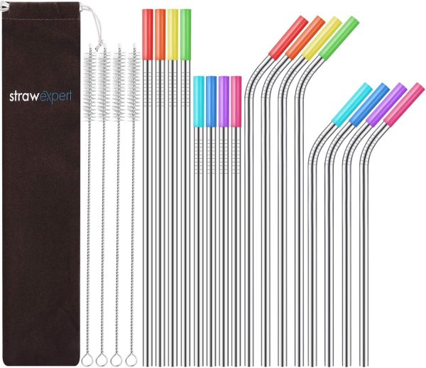 16-Piece Reusable Stainless Steel Straw Set with Silicone Tips, Cleaning Brush & Travel Case – Eco-Friendly, Extra-Long Metal Drinking Straws