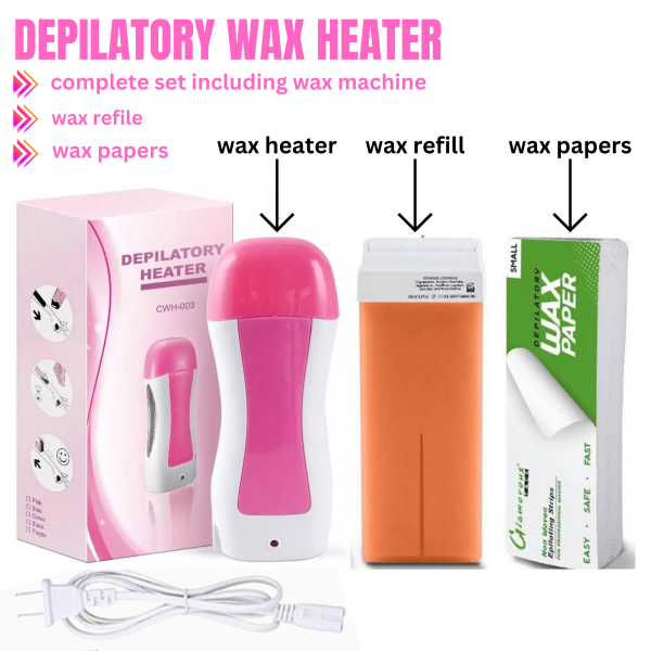 3-in-1 Depilatory Wax Heater Machine with Roll-On Wax Refill & Waxing Strips