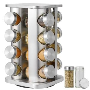 Rotating Spice Rack Set of 16 Glass Spice Jars Seasoning Storage Organizer Stainless Steel Frame