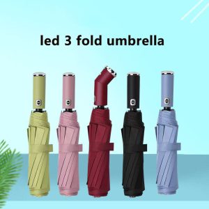 Smart Umbrella with LED Flashlight Automatic 3 Folding Umbrella Black Coating Sunshade Rainproof Umbrella