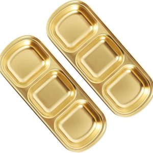 Stainless Steel 3-Compartment Seasoning Dish with Gold-Plated Rim – Sauce & Condiment Bowl