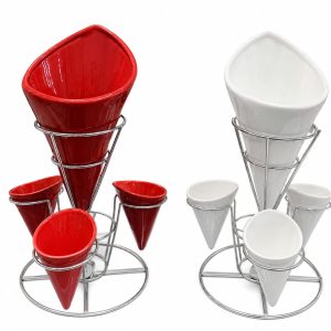 French Fries Serving Stand with 4 Cones | Metal Display Rack for Fries, Snacks & Appetizers | Reusable Food Presentation Holder